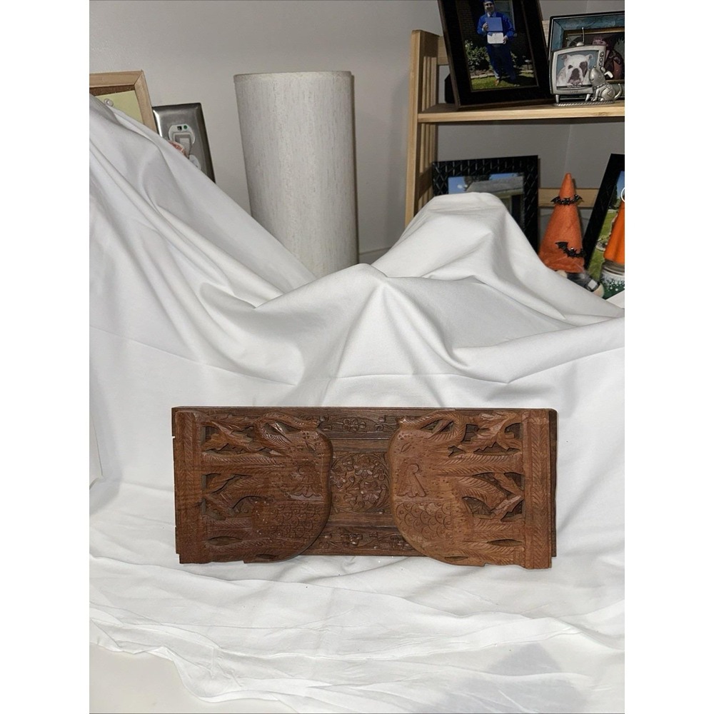 Wooden Elephant Bookends Carved Slidable Board Intricate Design India Boho Decor